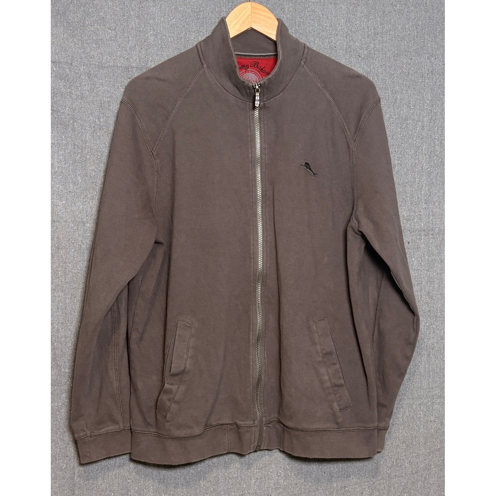 Tommy Bahama Mens Large Full Zip Sweatshirt Brown Gray Cotton Mock Neck Marlin